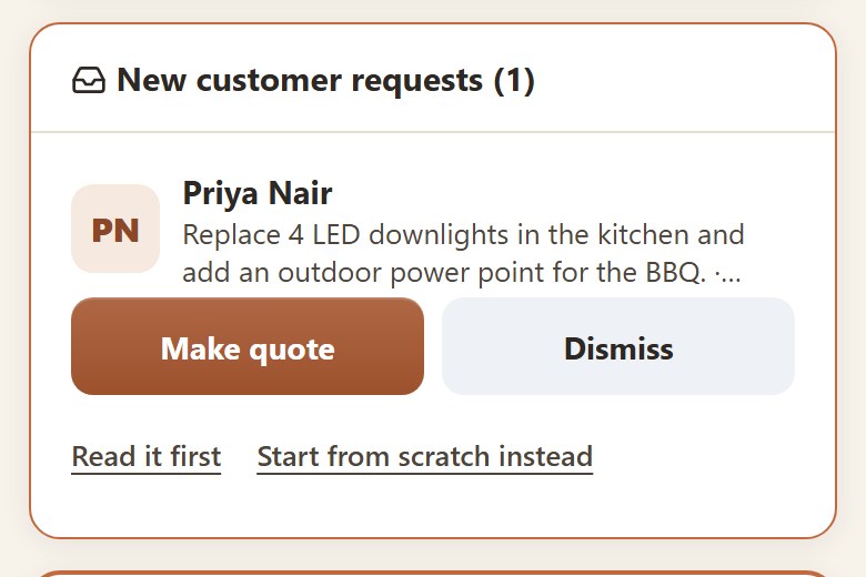 A new customer request in Yamate with a Make quote button