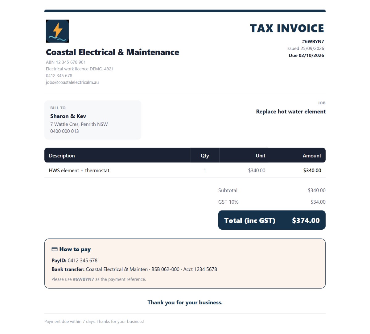 Example PDF invoice created in Yamate