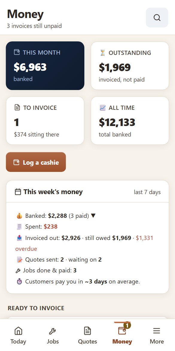 Yamate's Money screen on a phone: banked this month, outstanding and ready to invoice