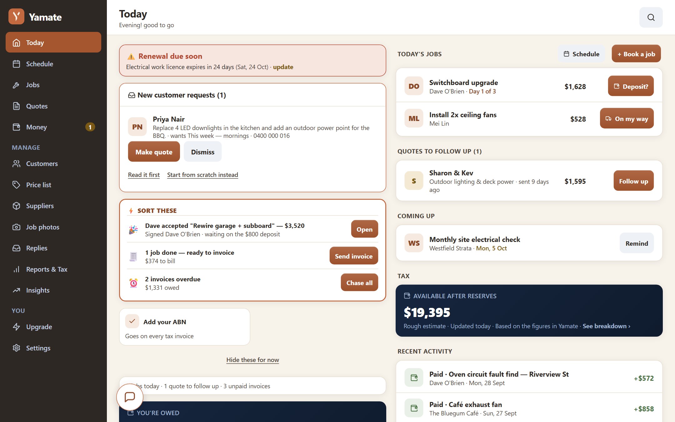 Yamate job management software showing jobs, quotes and invoices